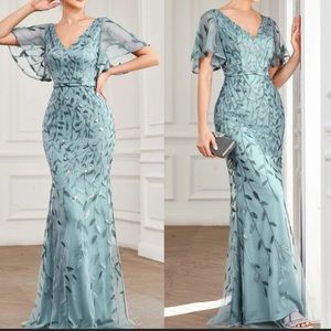 Luxe floral embroidered mesh sequins party formal prom wedding gown dress